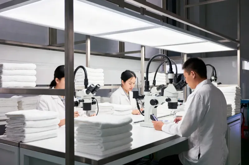 QC inspection station at towel manufacturing facility