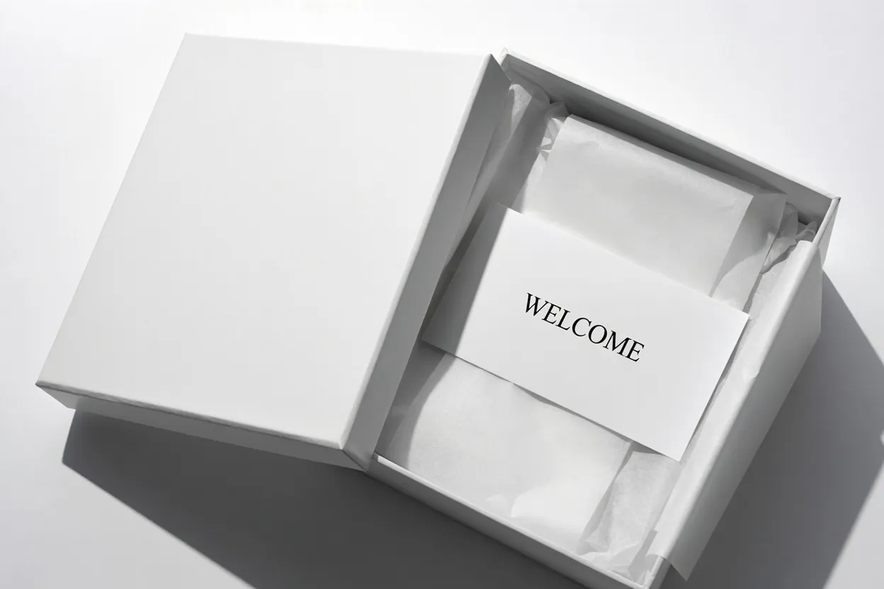 Professional packaging — custom rigid box with tissue wrap and welcome letter
